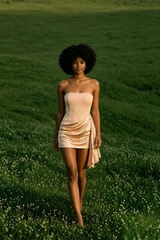 Satin Patchwork Strapless Ruched Mini Dress