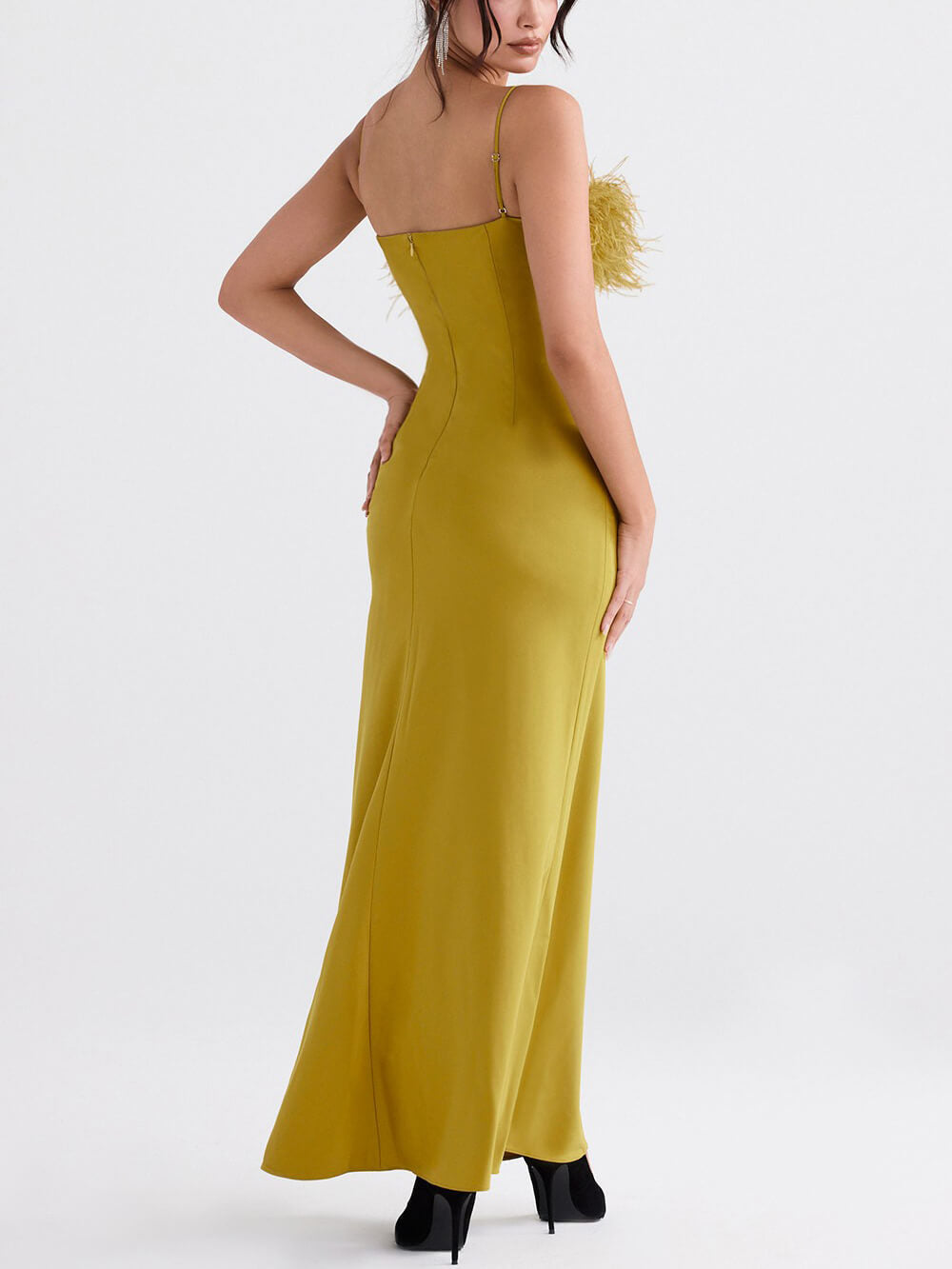 Delicate Satin Feather Neck Sling Dress
