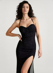 Solid Plunging Backless Slit Fitted Maxi Party Dress