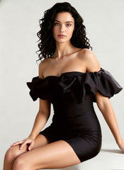Waist Slimming Bodycon Off Shoulder Boned Ruffle Party Dress