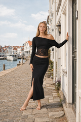 Lace Splice Off Shoulder Bat Sleeve Blouse
