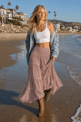 Boho Chic High Waisted Contrast Drawstring A Line Maxi Skirt