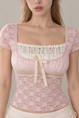 Square Neck Lace Spliced Tie Slim Blouse