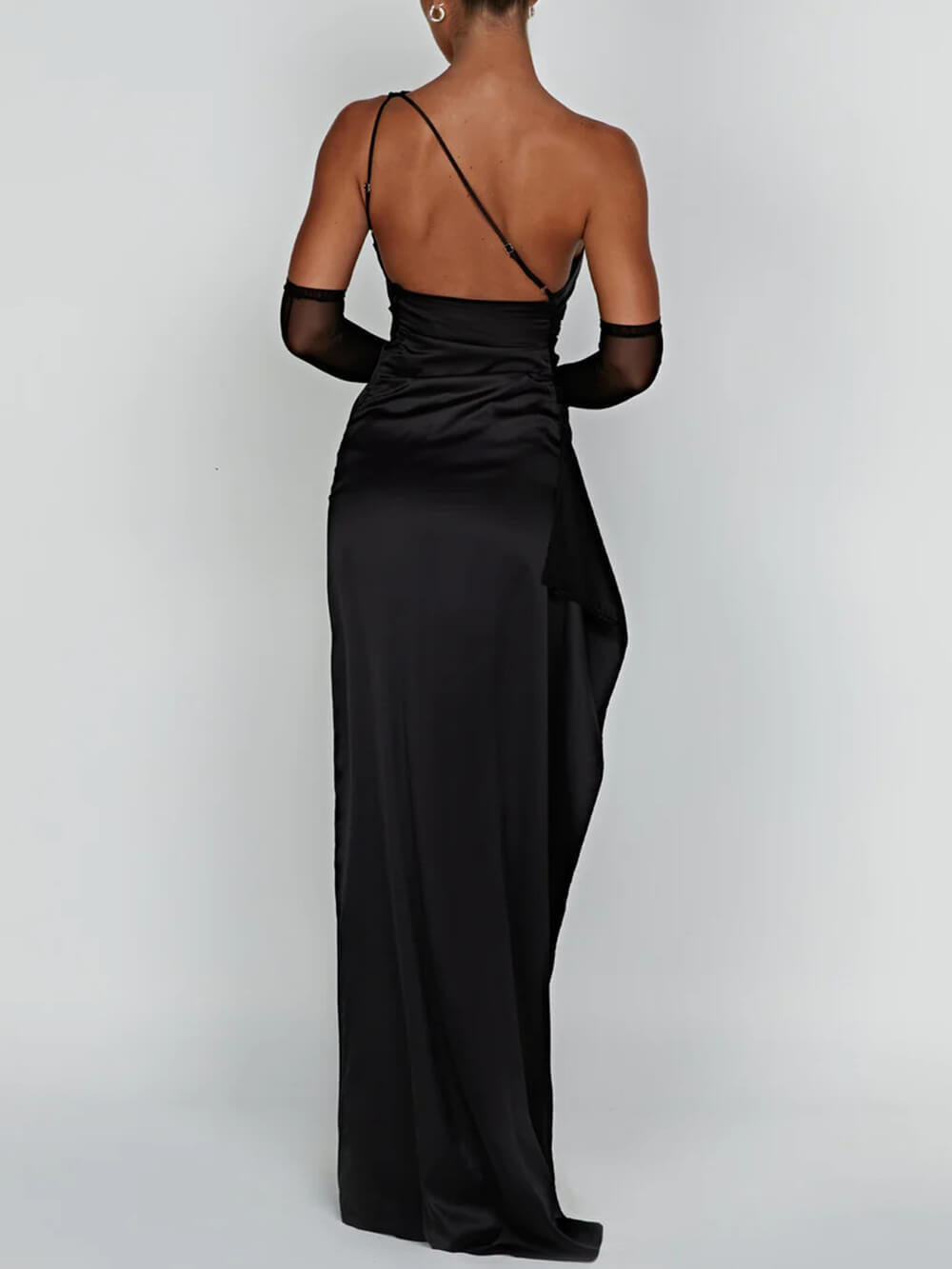 Sexy Asymmetric Shoulder Slit Satin Dress