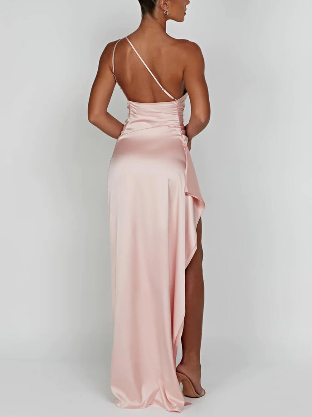 Sexy Asymmetric Shoulder Slit Satin Dress