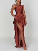 Sexy Asymmetric Shoulder Slit Satin Dress