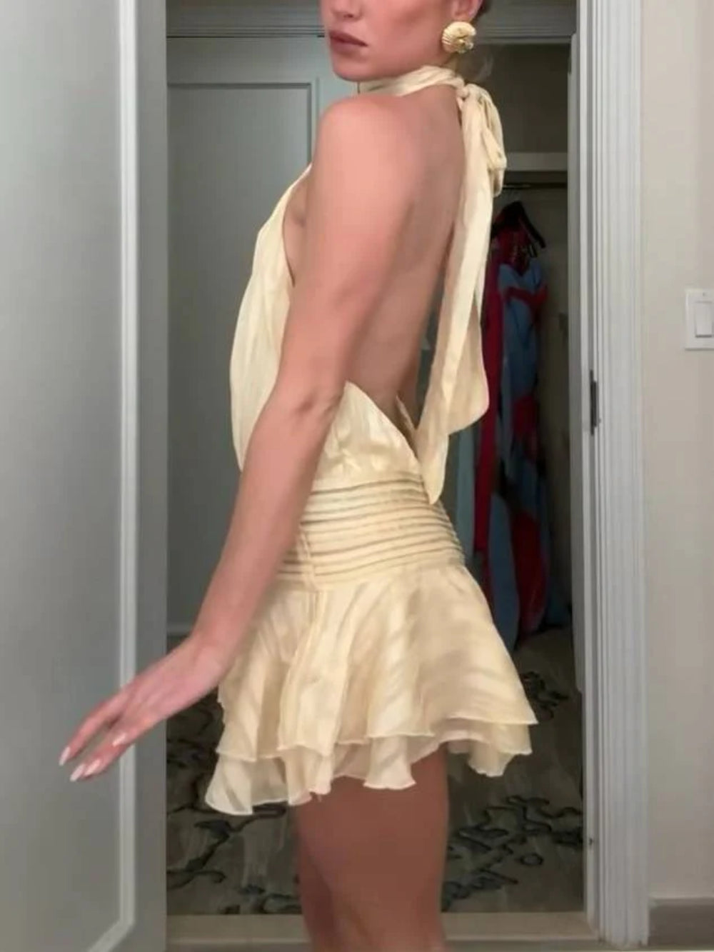Halter Neck Ruffled Hem Mini Dress