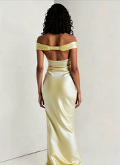 Vintage Satin Mermaid Off Shoulder Maxi Dress