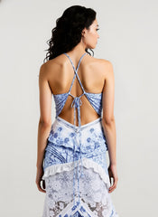 Deep V Ruffle Floral Lace Patchwork Cami Maxi Dress