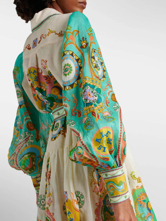 Exquisite Fashion Print Puff Sleeve Tie Midi Dress