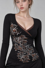 Retro Floral Printed V Neck Blouse
