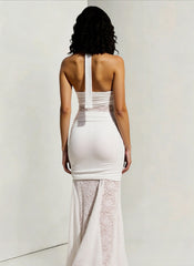 Halter Backless Sheer Lace Patchwork High Slit Fitted Maxi Dress