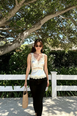 Bow Lace Patch V Neck Solid Tank Top