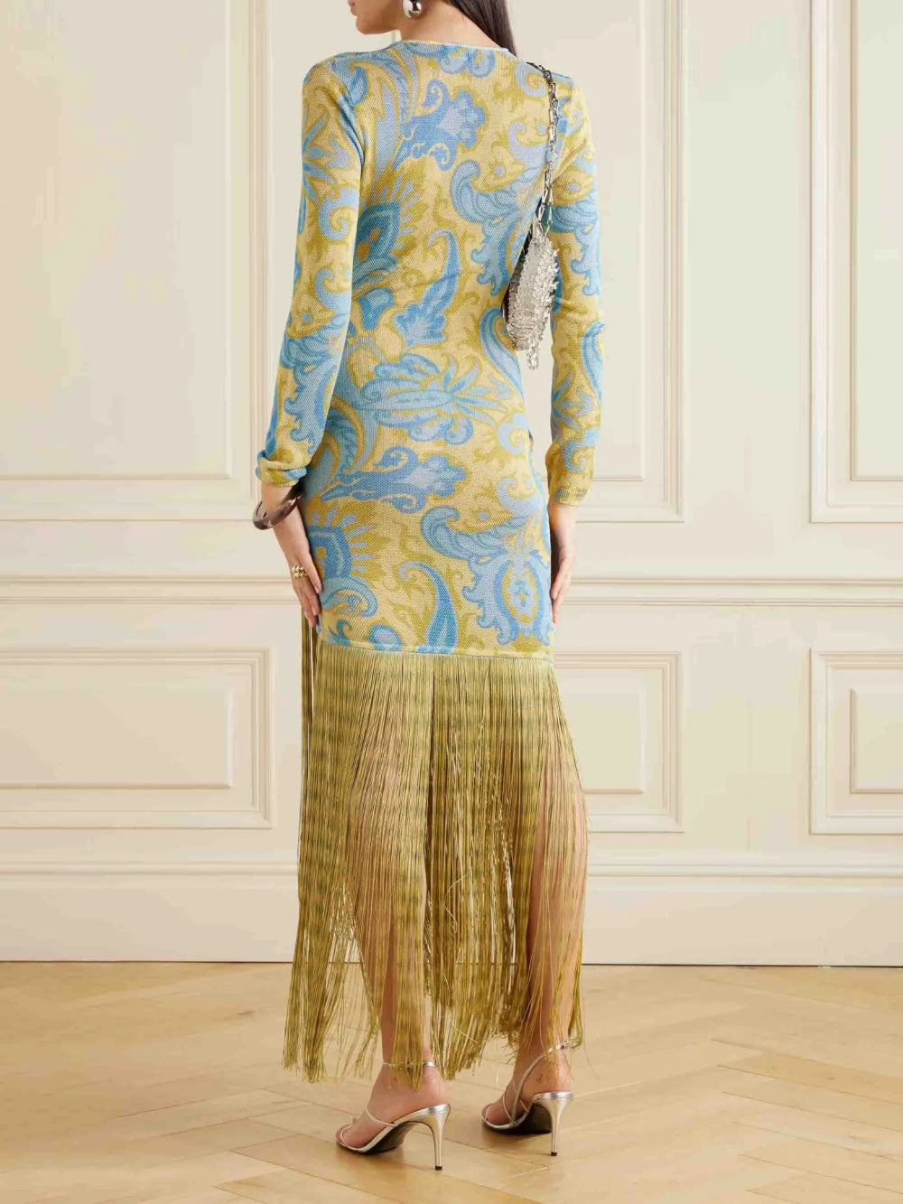 Retro Floral Print Fringed Knitted Dress