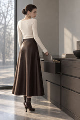 Pleated Faux Graceful Leather Midi Skirt