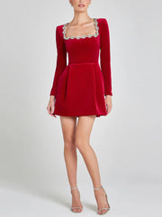 Elegant Square Neck Rhinestone Velvet Mini Dress