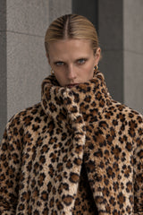 Leopard Print Notched Collar Longline Faux Fur Overcoat