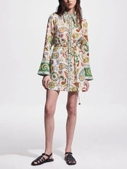 Exquisite Printed Flared Trumpet Sleeve Dress