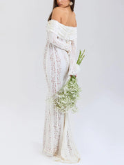 Lace Off-Shoulder Bell Sleeve Bodycon Gown