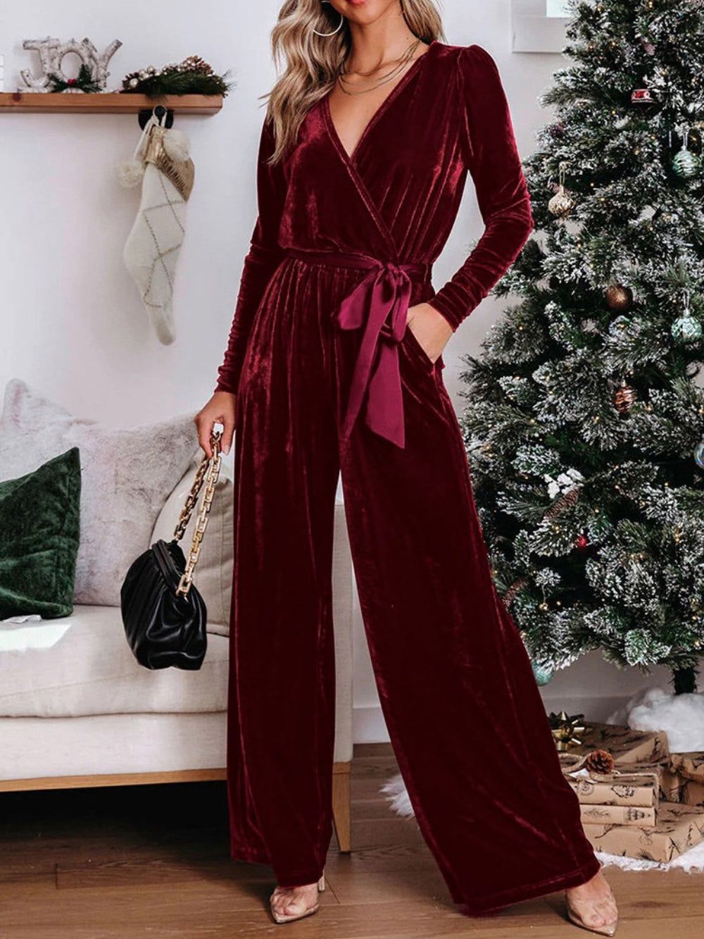 Belted Velvet V-neck Jumpsuit