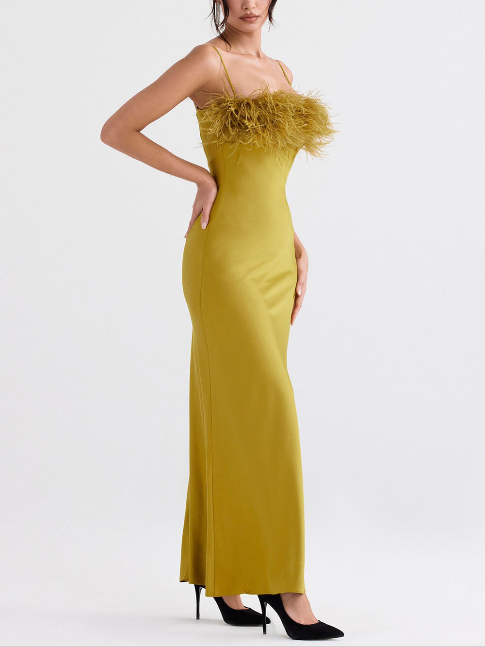 Delicate Satin Feather Neck Sling Dress