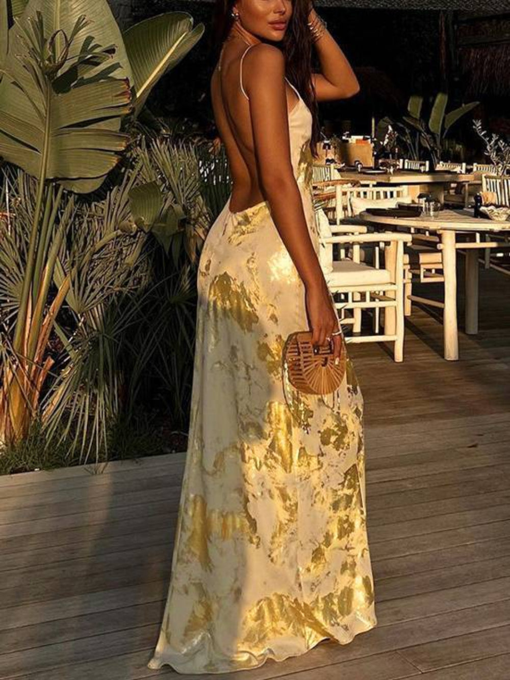 Party Gold Foil Backless V-Neck High-Waist Cami Dress