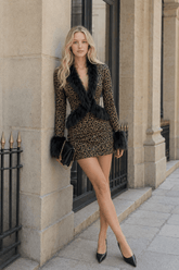 Leopard Print Shiny Fur Collar Patchwork Two Piece Set
