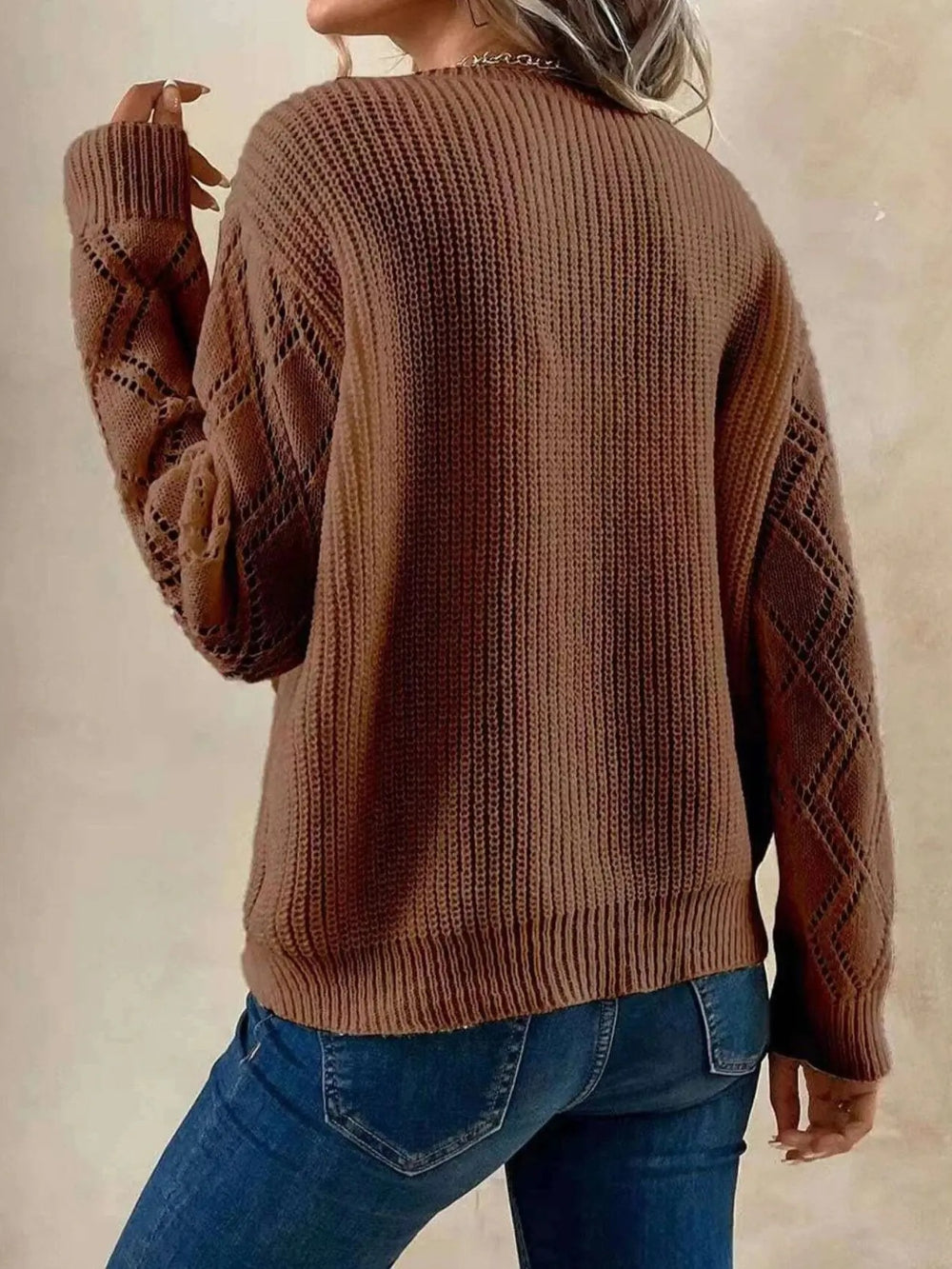 Solid V-Neck Hollow Out Knitted Sweater