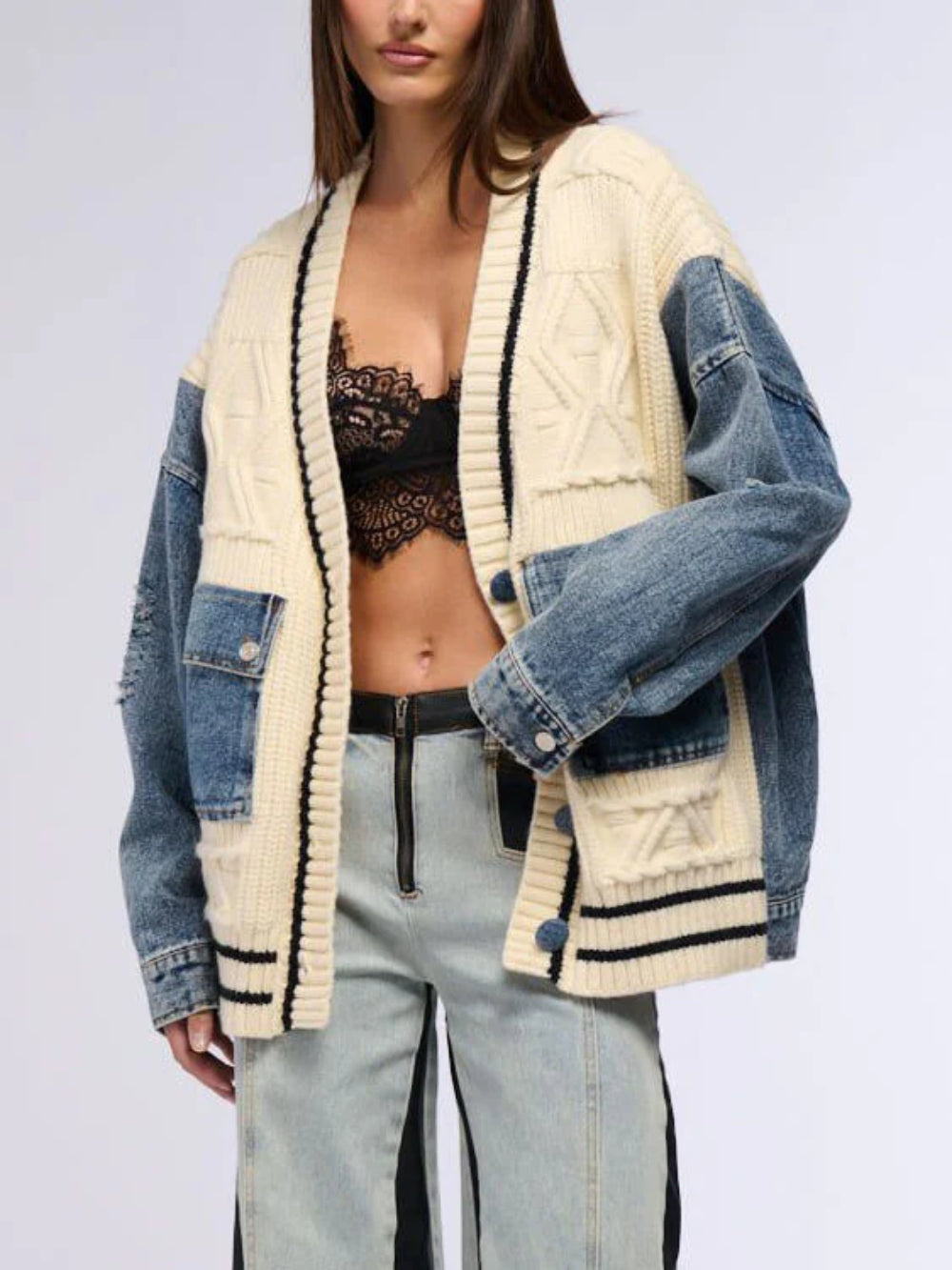 Denim Patchwork Cable Knit Coat
