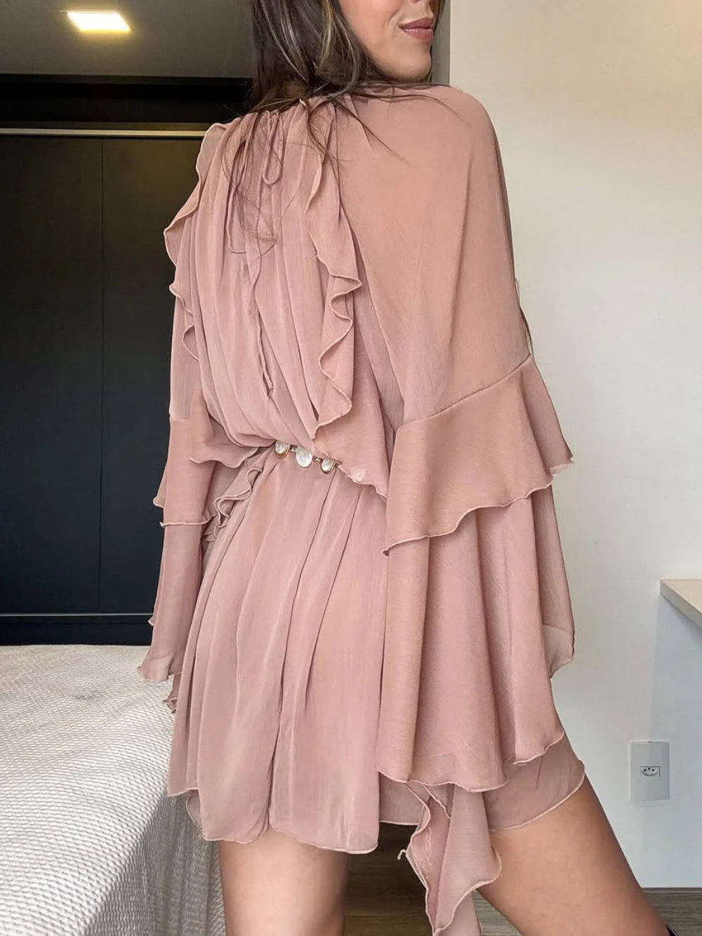 Resort Style Pleated Tiered Ruffle Mini Dress