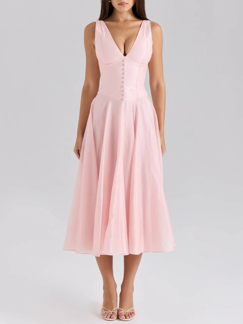 Buttoned Sexy V-Neck Waist-Tied Cami Dress