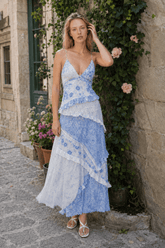 Deep V Ruffle Floral Lace Patchwork Cami Maxi Dress