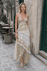 Deep V Ruffle Floral Lace Patchwork Cami Maxi Dress
