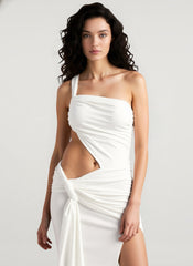 One Shoulder Ruched Backless Bodycon Maxi Dress