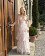 Pink Backless Strap Tiered Floral Dress