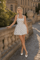 Black and White Polka Dot Ruched Halter Mini Dress
