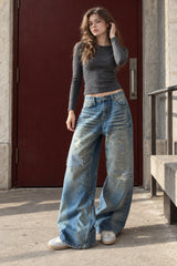 Vintage Washed Distressed Straight Leg Jeans