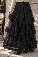 Lace Ruffle Tiered Tulle Maxi Skirt