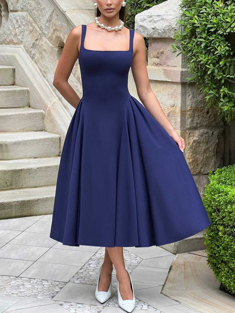 Retro Square Neck Slim Elegant Midi Dress