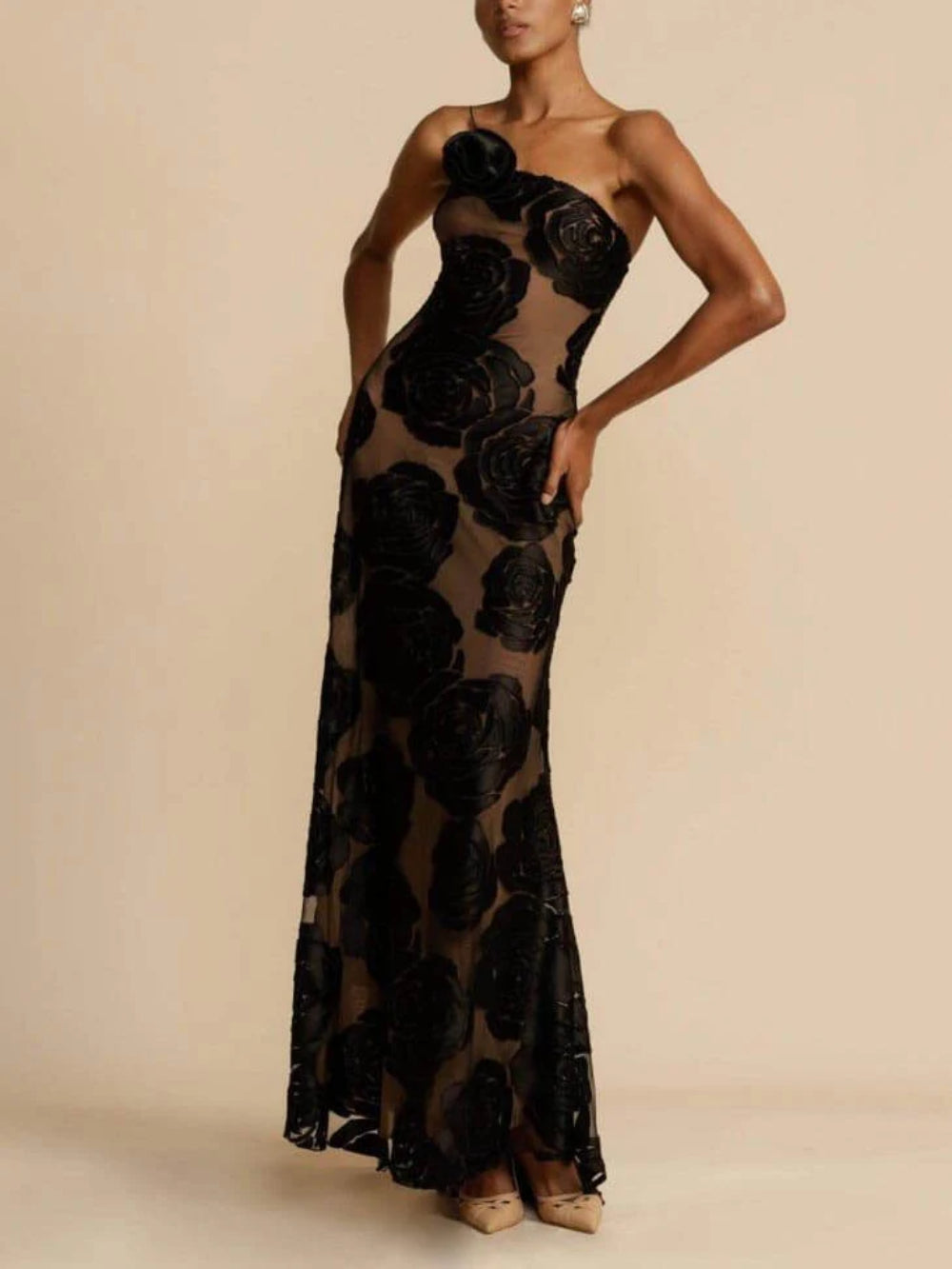 Strapless One-Shoulder Floral Maxi Dress