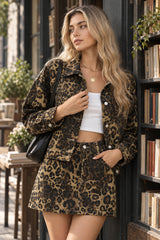 Fashionable Leopard Print Washed Denim Coat