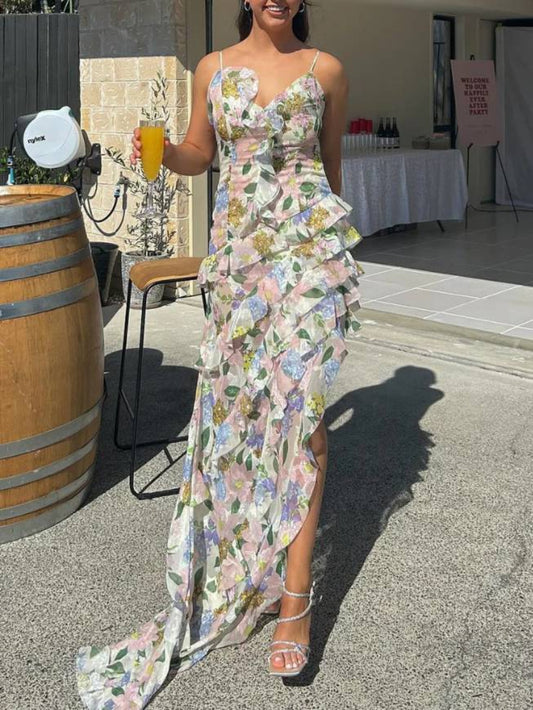 Suspender Printed Ruffle Dress