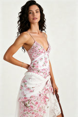 Deep V Ruffle Floral Lace Patchwork Cami Maxi Dress