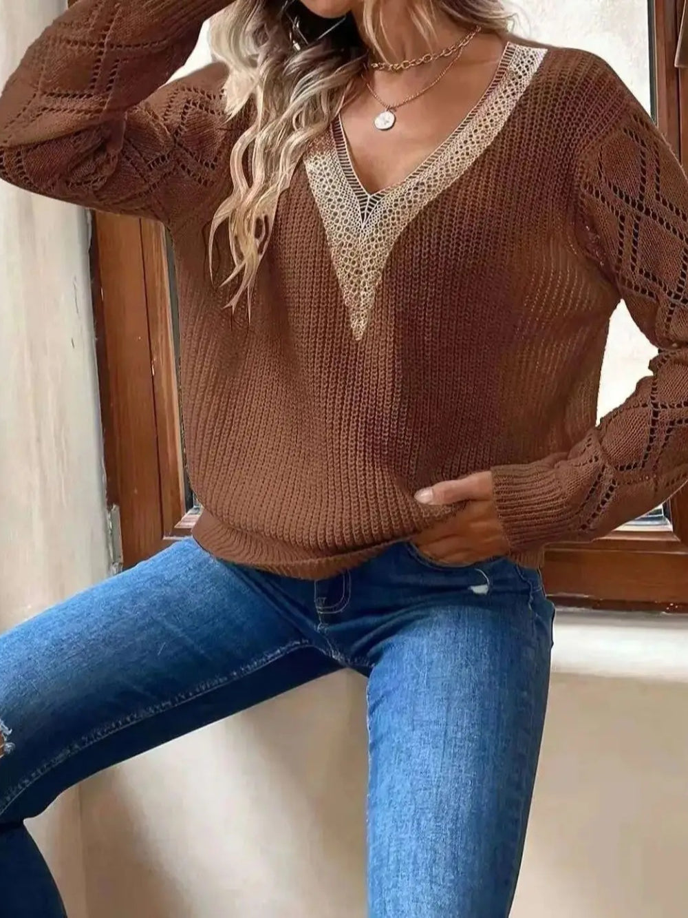 Solid V-Neck Hollow Out Knitted Sweater