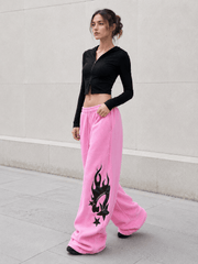 Thickened Flame Print Drawstring Wide-Leg Pants
