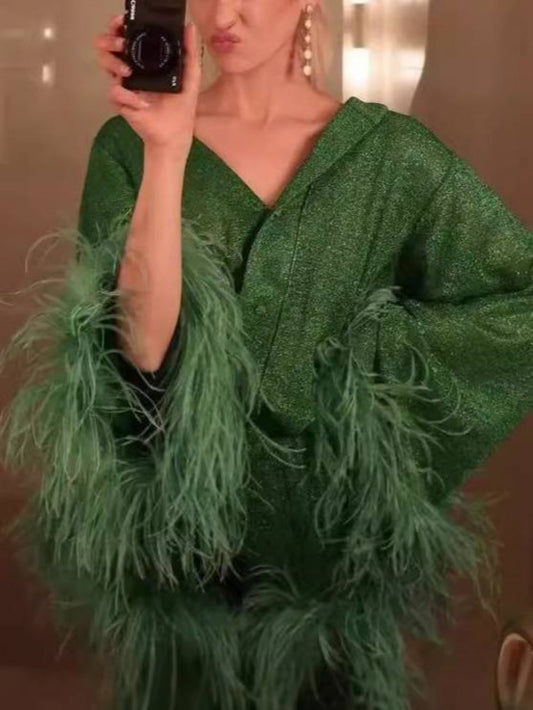 Feather Collar Shirt & Pants Set