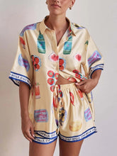 Printed Lapel Cardigan Shorts Set