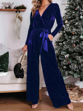 Belted Velvet V-neck Jumpsuit