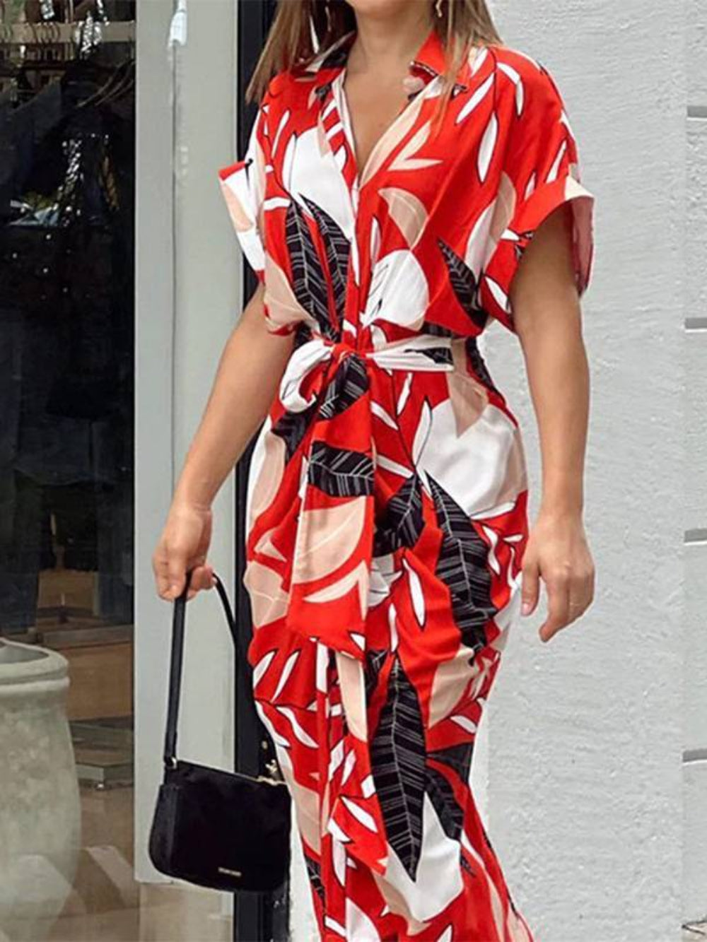 Pleated Belted Short Sleeve Dress
