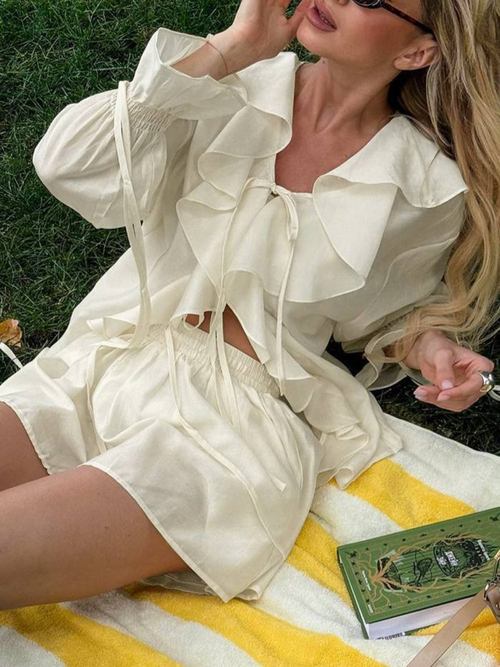 Ruffled V-Neck Top & Shorts Set